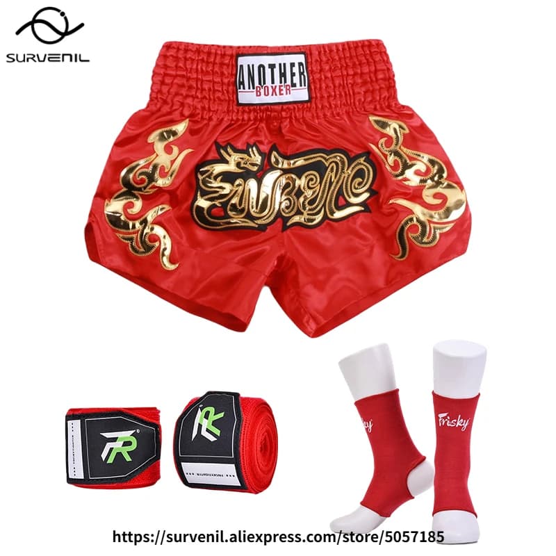 Pantaloncini da Boxe con Fasce per Mani Abbinabili, Supporto per Caviglie, Combo Pantaloni Muay Thai per Uomini, Donne e Bambini, Attrezzatura per Palestra, MMA, Combattimento, Kickboxing e Sparring