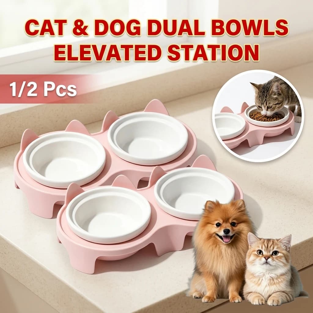 1/2Pcs Cat Bowl Double Bowl - Elevated Slanted Pet Food Water Bowls, High-Quality Kitten Feeding Drinking Bowls, Pet Supplies