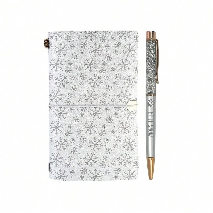 Winter Gifts, Christmas Gift For Women Men, Snowflake Journal Pen Set On Birthday, Christmas, Unique PU Leather Notebook, Sketc