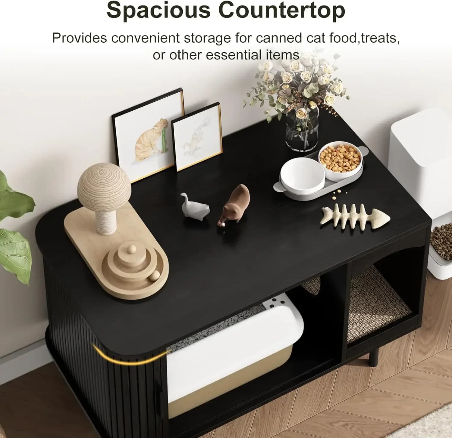 Cat Litter Box Enclosure Furniture, Fluted Hidden Litter Box Furniture with Scratching Pad, Large Wood Cat House Indoor Modern C