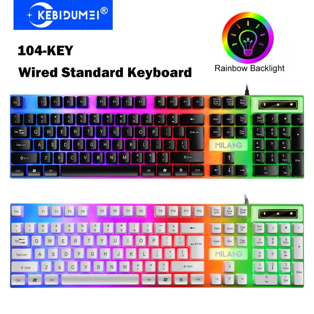 KEBIDUMEI Tastiera cablata USB Tastiera da gioco retroilluminata RGB Tastiera standard a 104 tasti Tastiera a membrana per PC Laptop Windows IOS