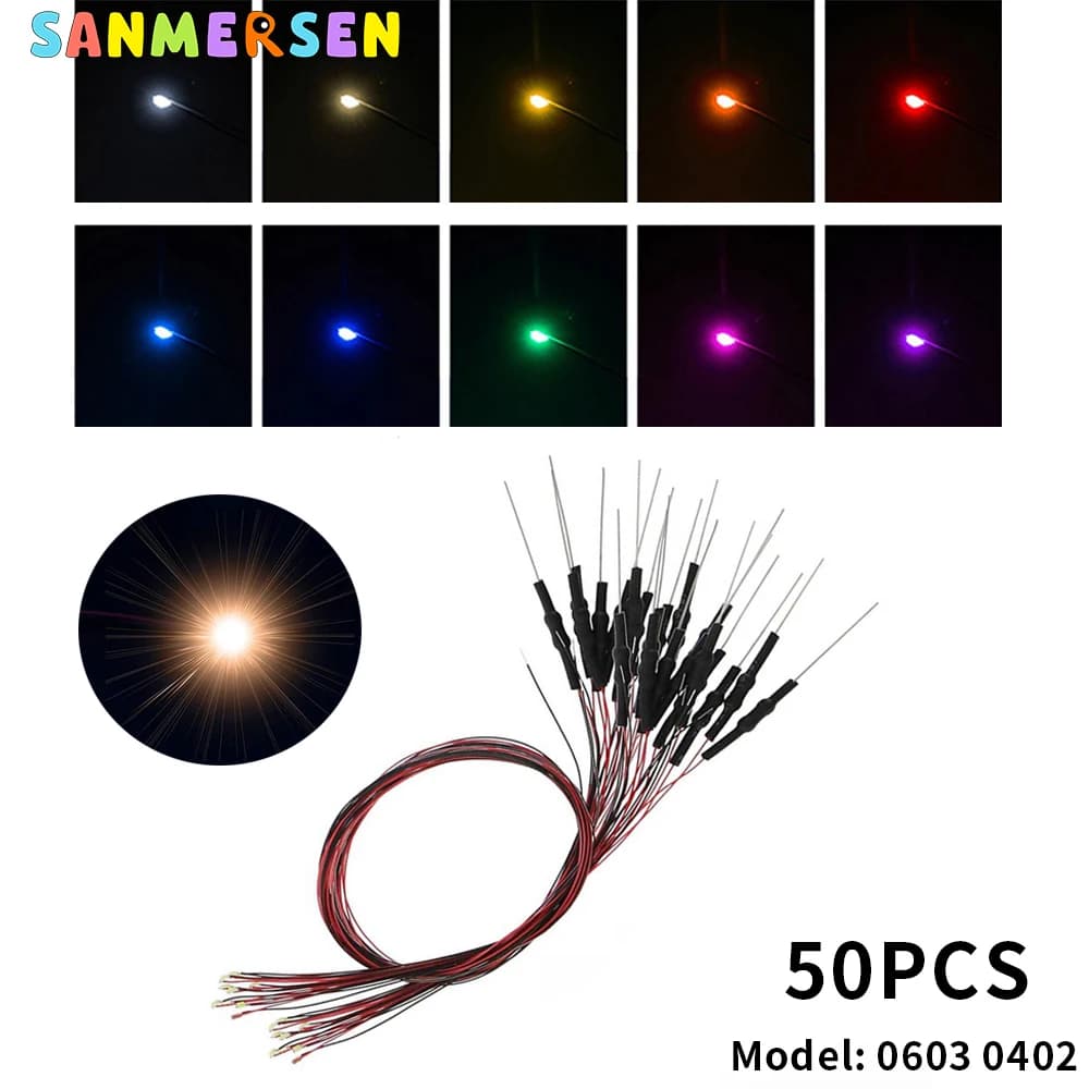 50 pz/set 0402 0603 SMD Lampada Wired Micro Litz Led Pre-Saldato Chip Cablato 30 cm 12 V FAI DA TE Ferrovia Modelli di Costruzione Scene Giocattolo Luce