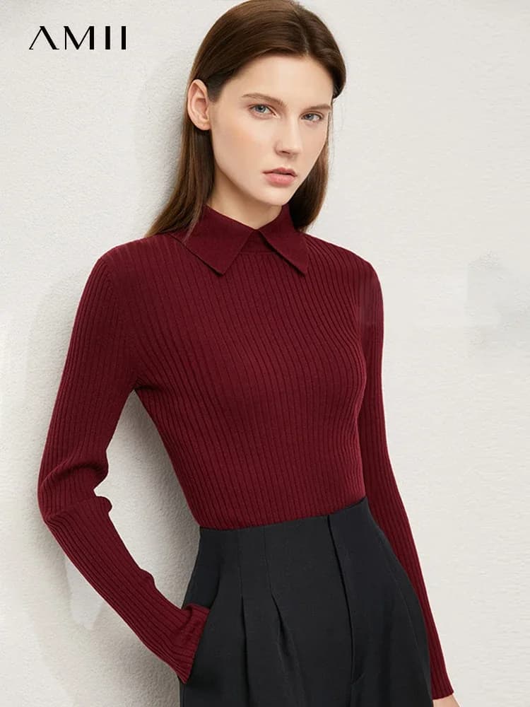 Amii Minimalism Maglioni da donna Colletto polo alla moda Pullover in lana Manica lunga Top lavorato a maglia Maglione da donna primaverile da ufficio 12130297