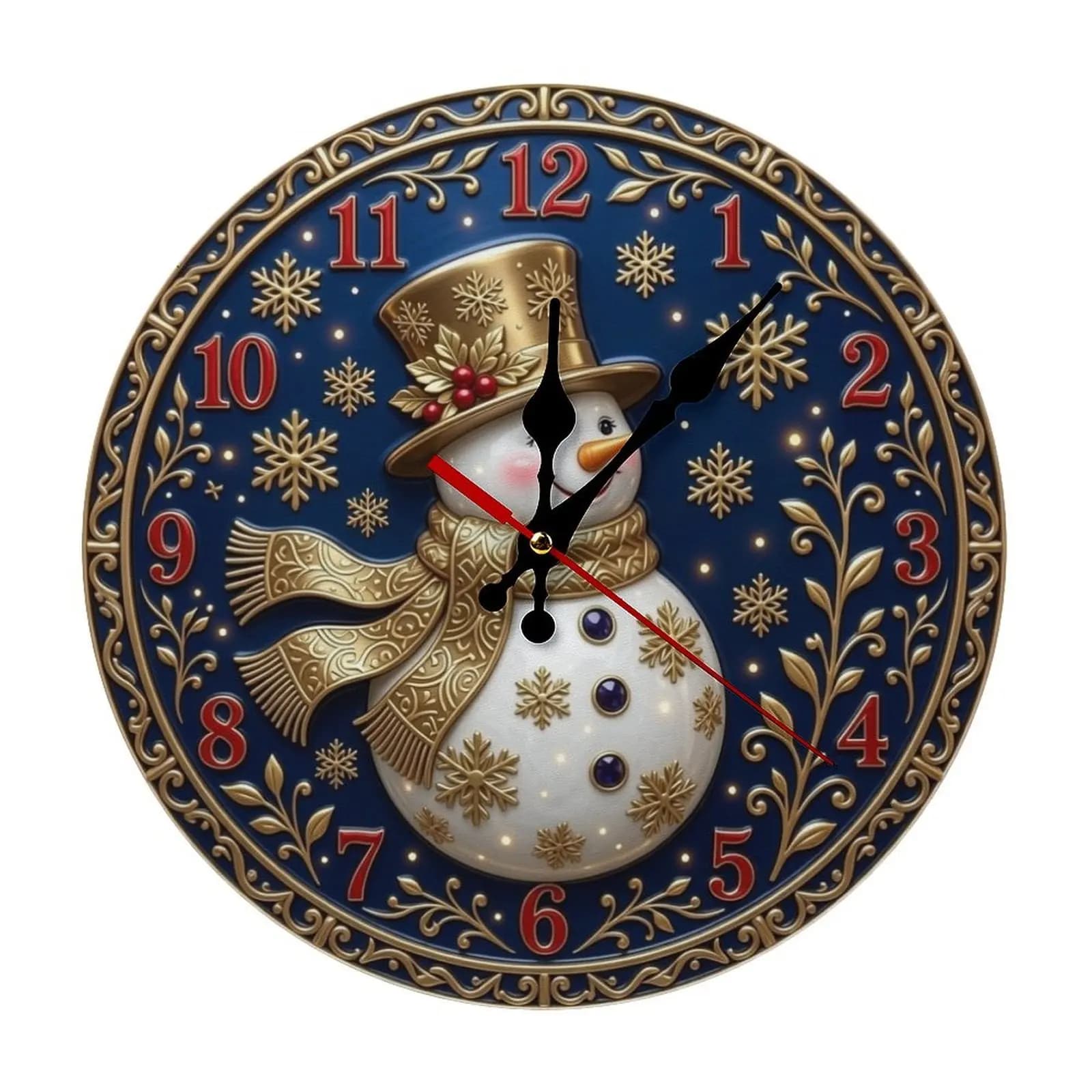 2D flat decoration simulates retro style wooden wall clocks, Christmas snowman gold hats and scarves, red numbers on blue background, living room and bedroom wall clocks, Christmas home decoration and festivals
