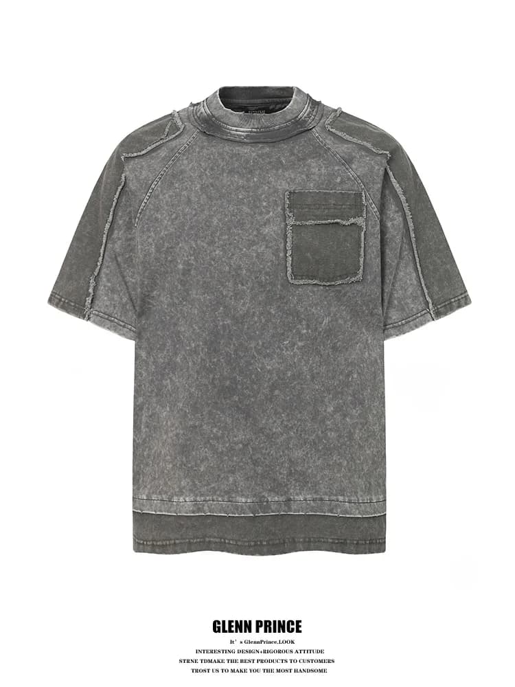 T-shirt da uomo Retro GPstudio a maniche corte, effetto invecchiato, patchwork, tasca sfrangiata, stile workwear, casual, alla moda, estiva, in cotone