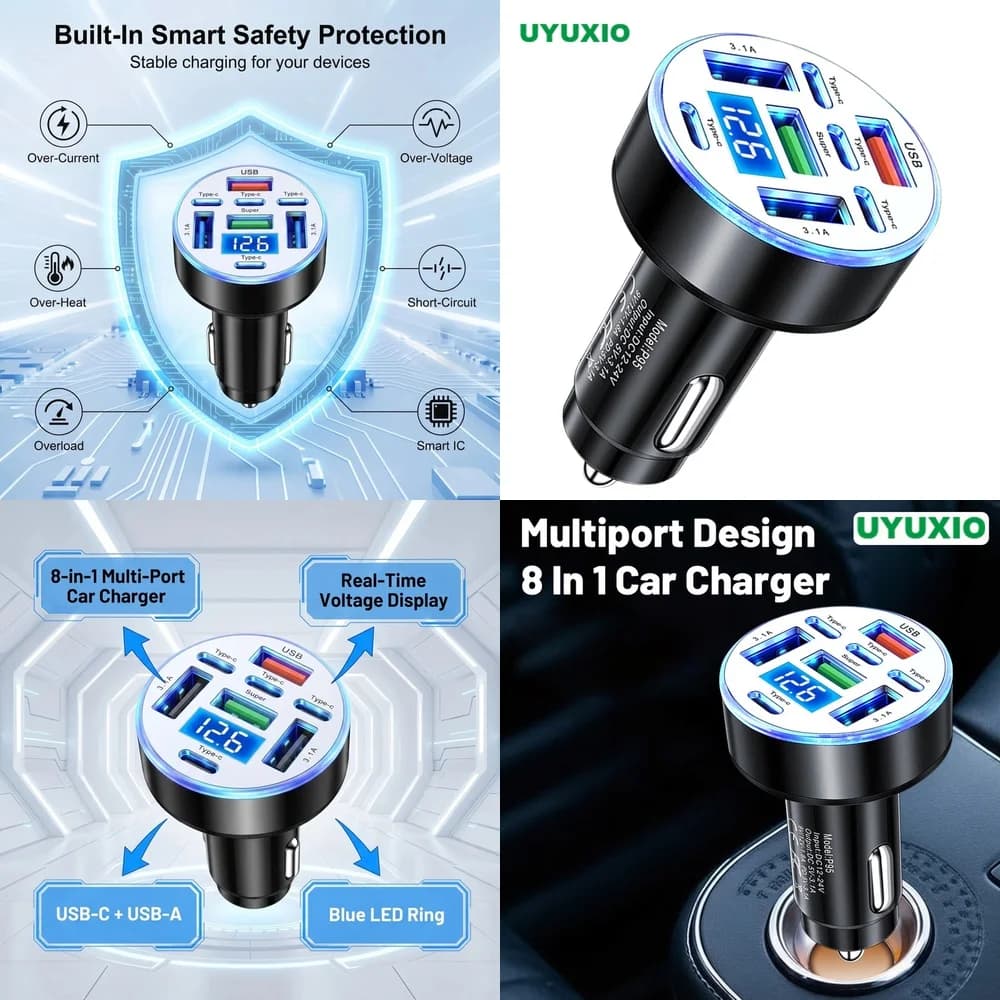 Professional Multi Port 8 in 1 Car Adapter for iPhone 16 Pro Max Samsung S26 Ultra iPad with Digital Voltage Display Tools