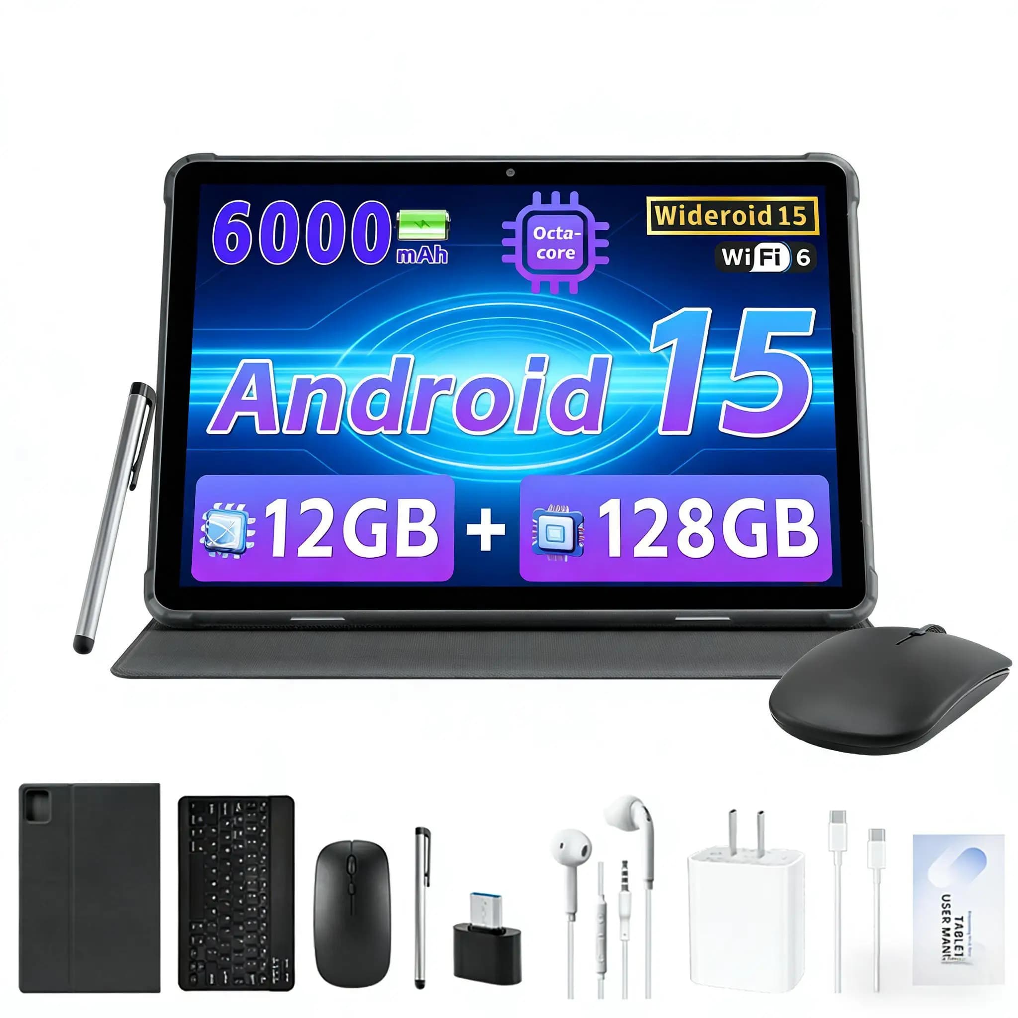 Tablet ANRY Y40 Android 15, Display Incell da 10.1 Pollici, 12GB RAM, 128GB ROM, MediaTek Helio G80 Octa Core, Batteria da 6000mAh, Tablet WiFi