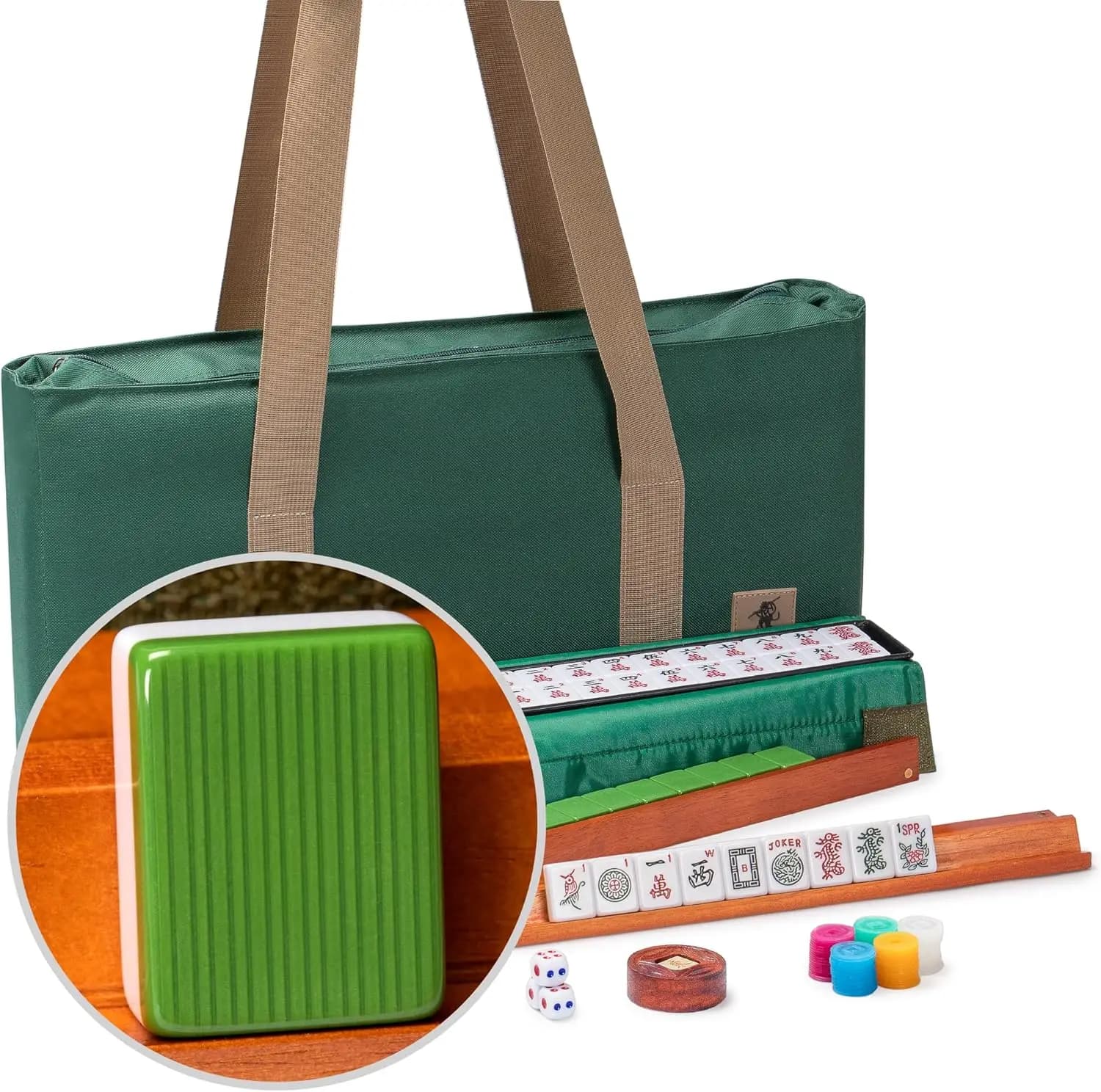 Set Mahjong Americano con 166 Tessere in Melamina, Custodia Morbida Verde, Supporti, Spingitori e Accessori