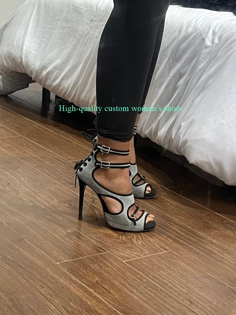 Blue Open-Toe Stiletto Heels Sandals Cutout Lnstep Belt Buckle Decorate Asakuchi Back Strap Women's Shoes Luxury High Heels