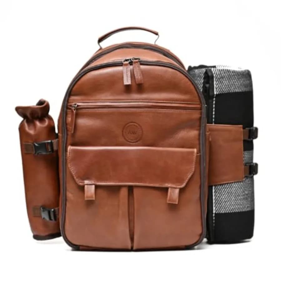 Collezione Premium Zaino da Picnic in Vera Pelle per 4 Persone con Scomparto Isolato, Coperta, Posate in Acciaio Inox, Piatti e Bicchieri