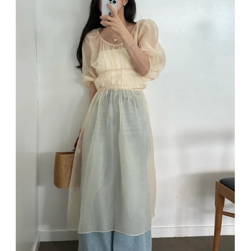Gentle Wind Folded High Waist Slimming Mesh Dress Layering Slightly Transparent Korean Style Women's Casual Dress