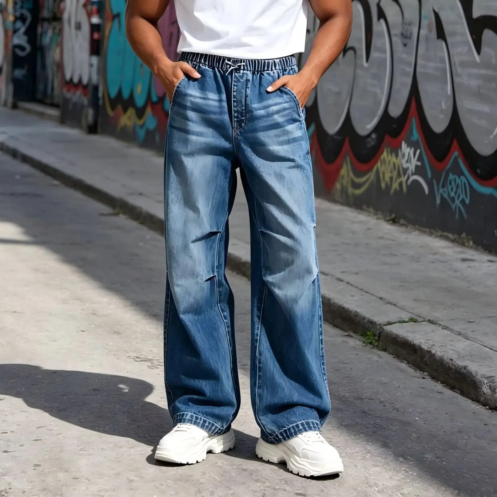 【HME】Men's jeans | Light wash elastic drawstring high waist wide leg denim pants with knee folded pleats, soft lightweight anti-fade casual denim fabric, loose floor length lazy vibe women's daily denim pants.