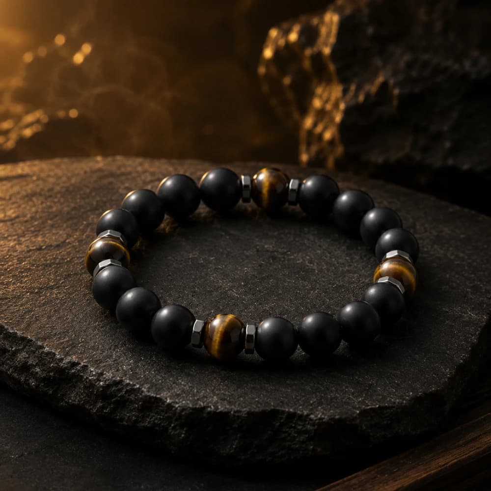 Bracciale in Pietra Naturale, Perle di Ossidiana e Occhio di Tigre Nero, Gioiello Unisex con Significato, Idea Regalo