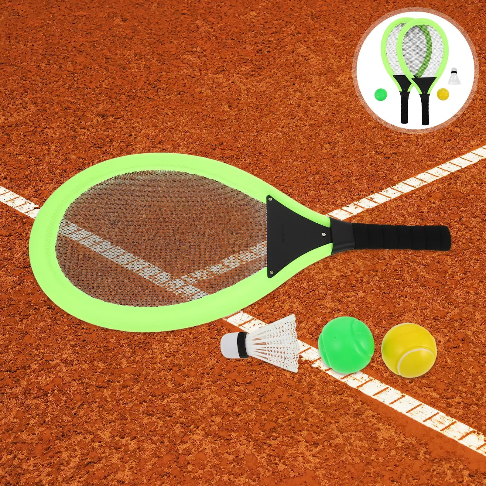 Set of 2-piece tennis racks in green plastic, portable, easy to handle, for indoor and outdoor use, which favors eye-hand coordination