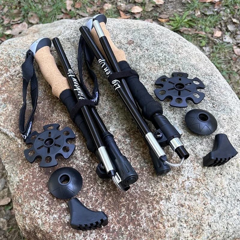 Portable camping hiking stick with outdoor folding trekking stick to 5 sections 2 pieces for Nordic climbing stick ssiin bag