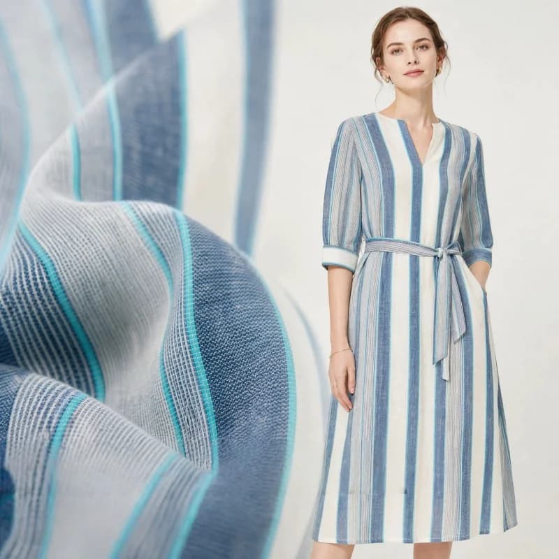 Fresh and artistic Blue and white striped cotton-linen breathable fabric dress, shirt, cheongsam, pantsdiyFabricA