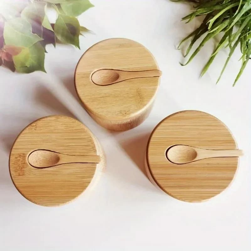 Bamboo Salt And Pepper Seasoning Jars Set Wood Condiment Box Bowl Multi Function Kitchen Storage Pot Sugar Holder