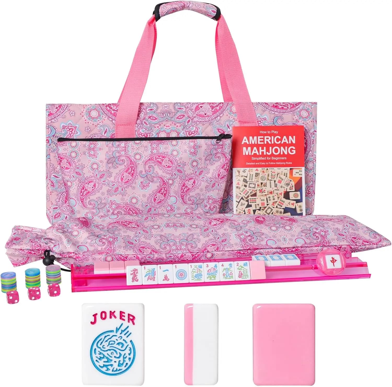 Set Mahjong Americano Rosa 166 Pezzi, Tessere da 1.2 Pollici, 4 Supporti/Spingitori e Borsa