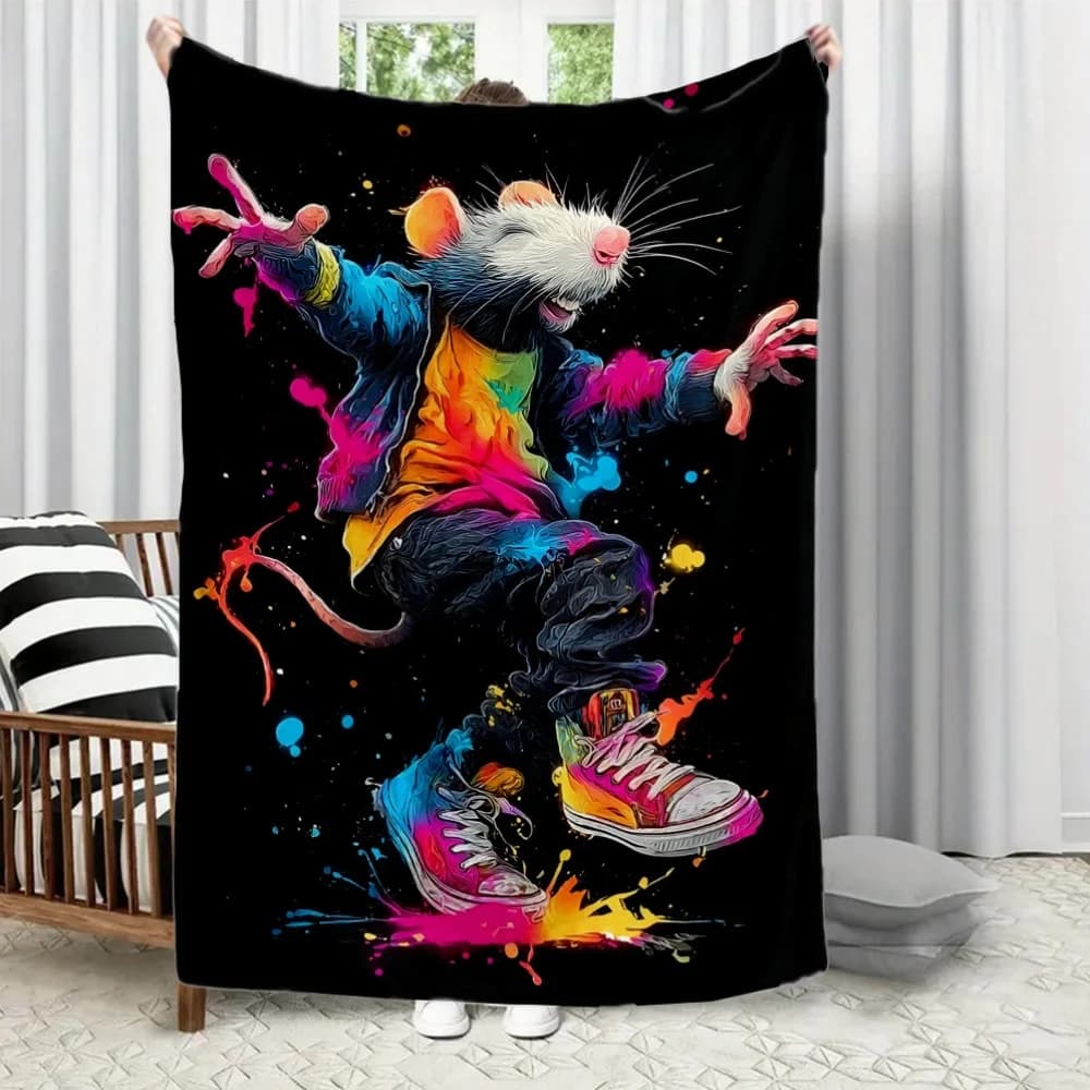 Doodle modello mouse hip-hop Coperta stampata in flanella adatta a tutte le stagioni adatta per divano da ufficio e viaggi