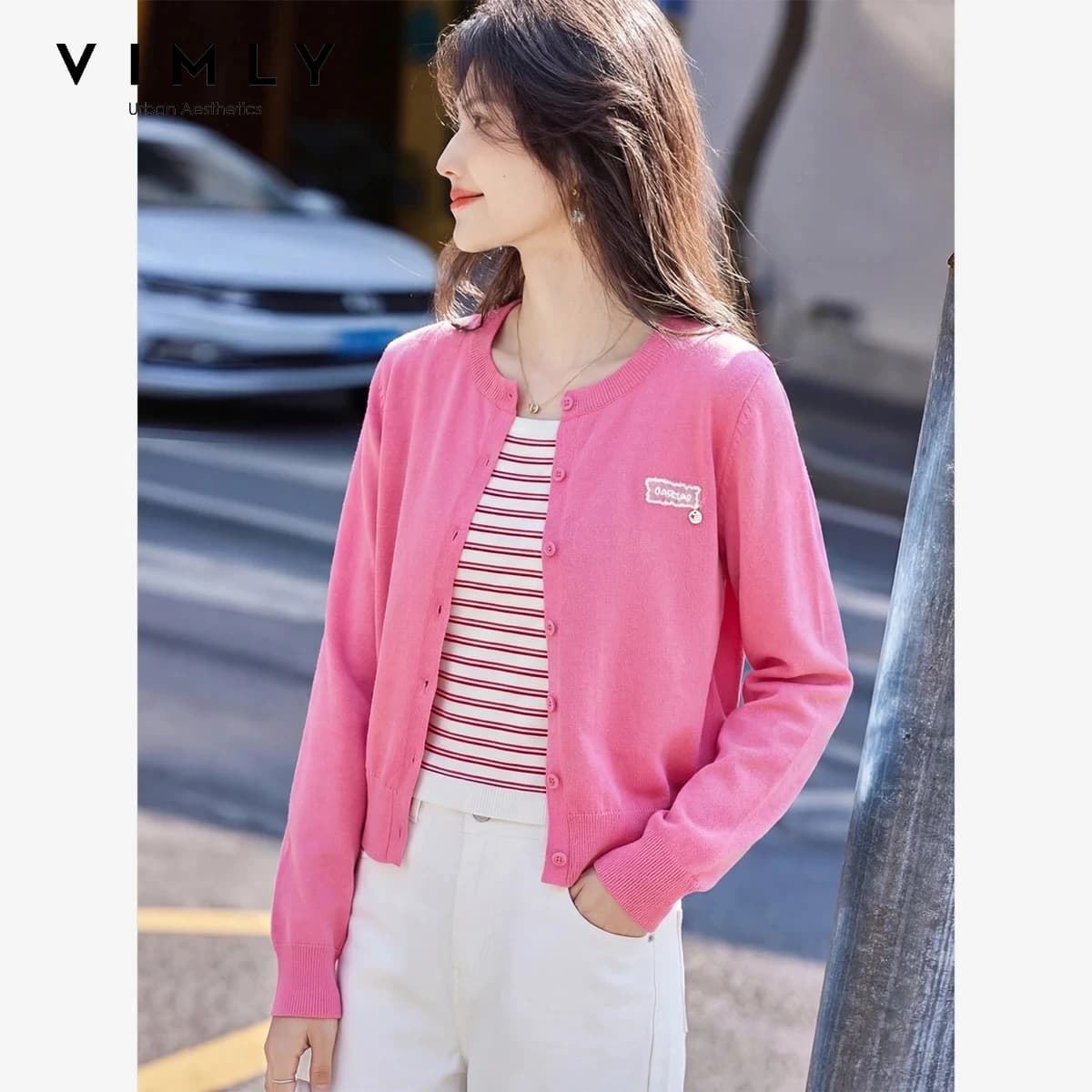 VIMLY Pink Striped Knit Sweater Women Fake Two‑Piece 2026 Fall Contrast Color Versatile Round Neck Long Sleeve Pullover 31816