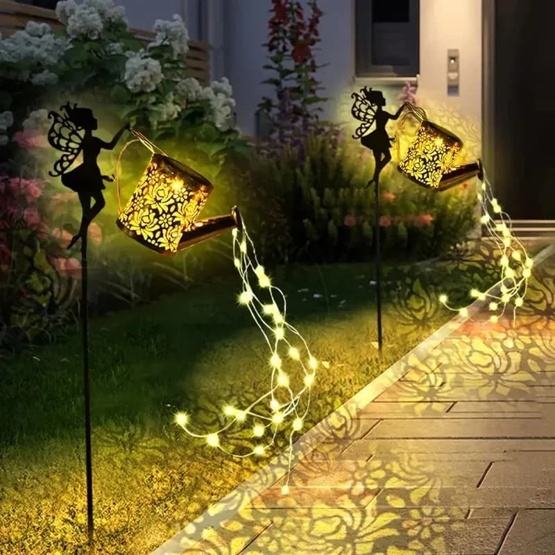 New 1PC Solar Watering Can Lights, Outdoor Waterfall Garden String Fairy Lights, Solar Kettle Projection Light