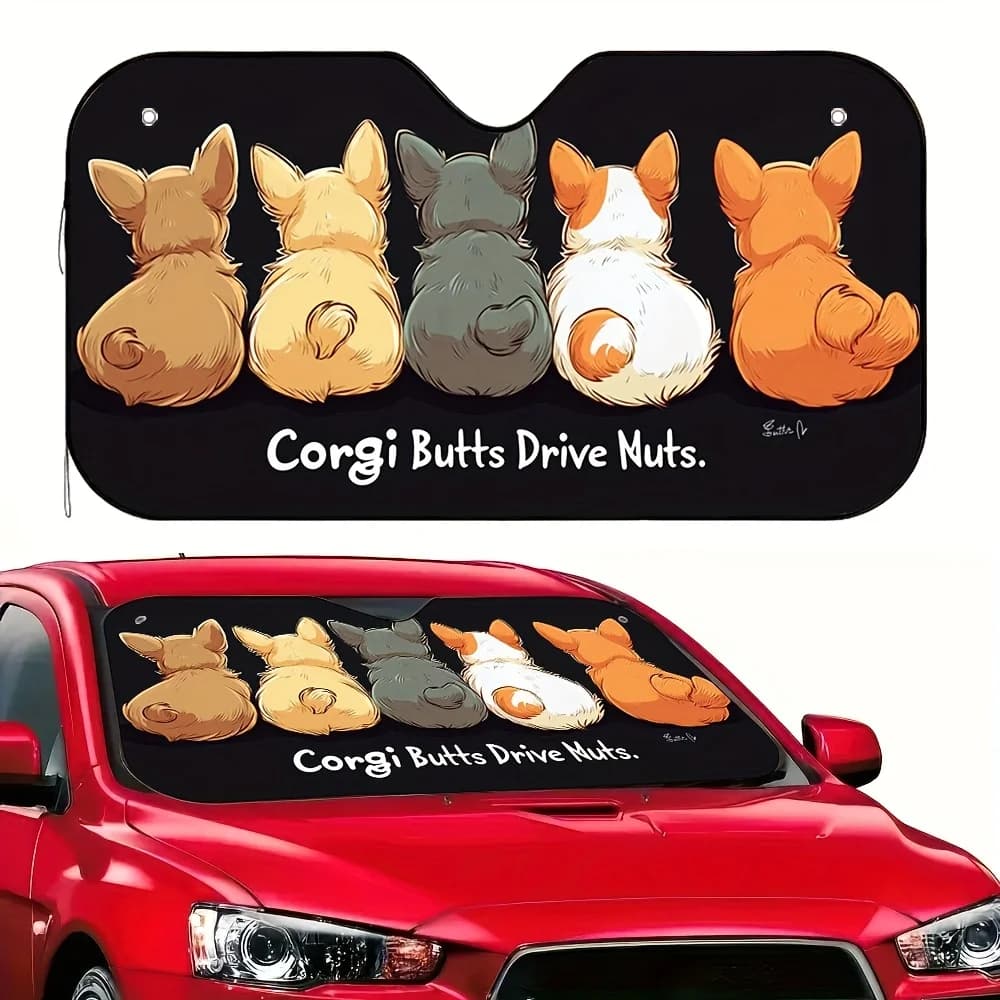 1pc Corgi Butt Heart-Shaped Fart Design Car Sunshade - Fit Windshield Visor, 4 Free Suction Cups, Cute Cartoon Corgi Illustratio