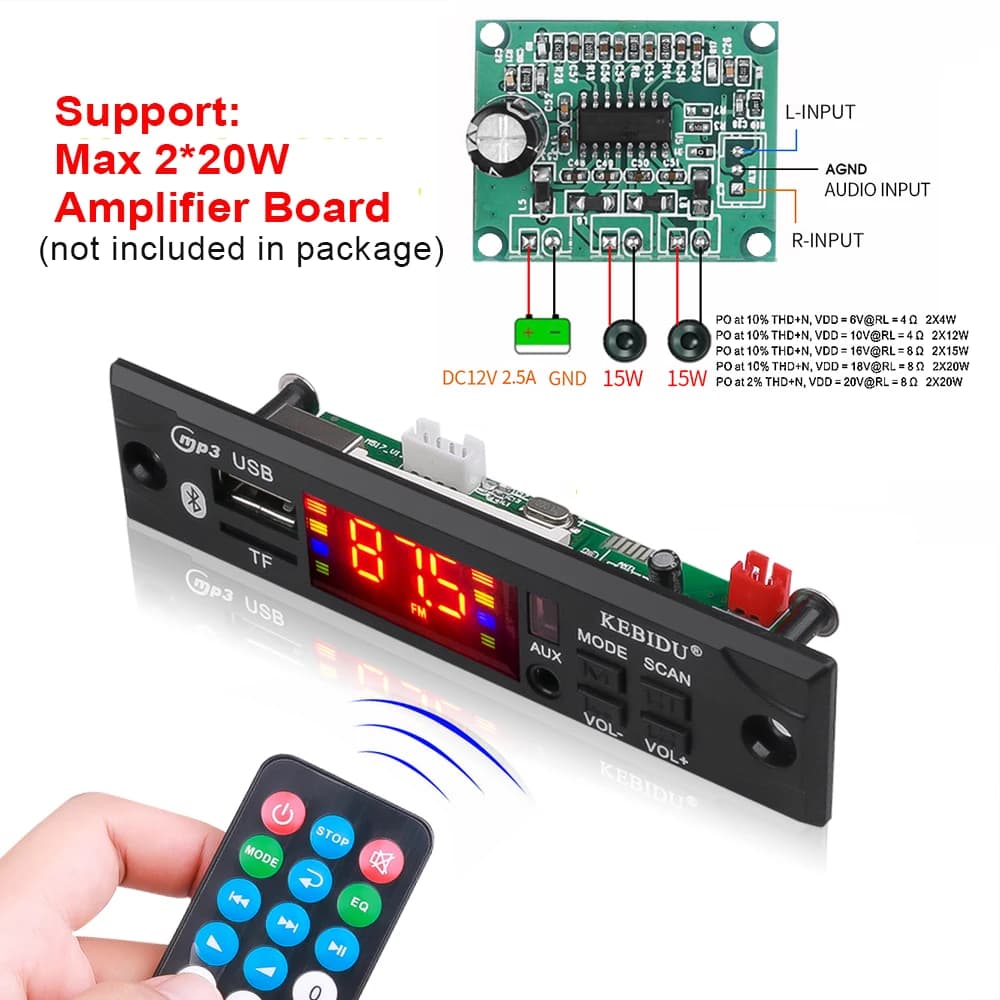 KEBIDU Car FM Radio Module Stereo Bluetooth 5.0 MP3 Decoder Board 12V TF USB AUX WMA per 2*20W 40W amplificatore Home Speaker Player