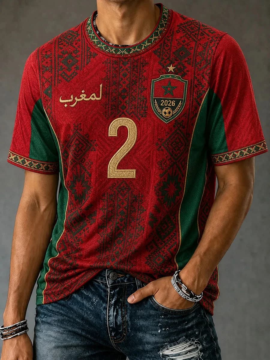 Men’s Morocco Football Printed Casual O-Neck T-Shirt Football Cultural T-Shirt