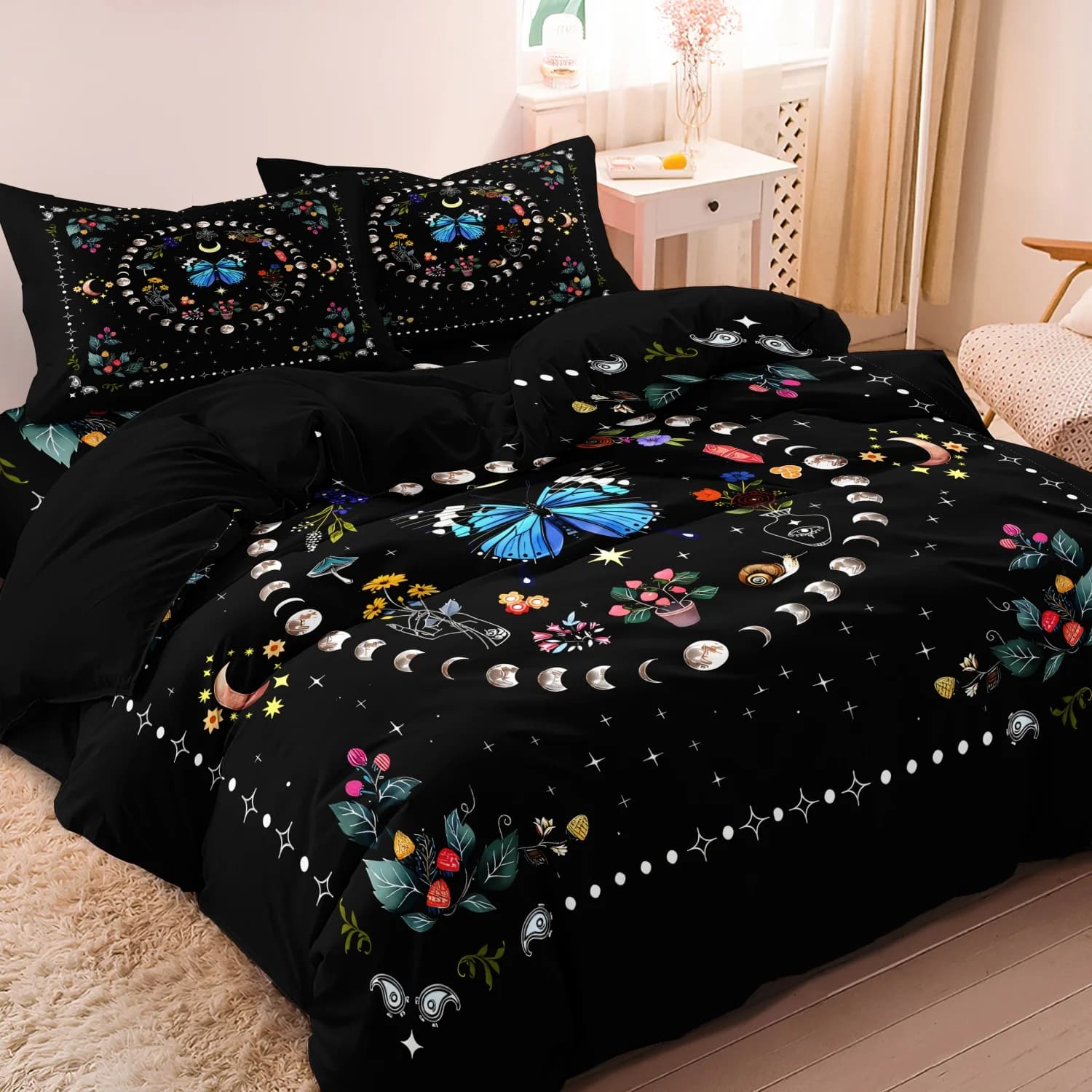 Set duvet with digital print of flowers, plants and blue butterflies, 3 pieces, bedding set for home, bedroom, hotel