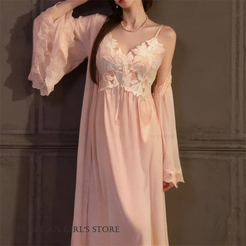 Women's Long Dress Sexy Night Shirt Kimono Set in Silk Satin Bathrobe Dress Pigiama Patchwork Lace Night Dress Lingerie Nightwear