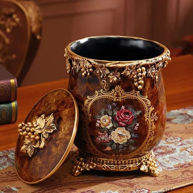 European style living room coffee table desktop paper basket trash can with lid household decoration relief art storage bucket