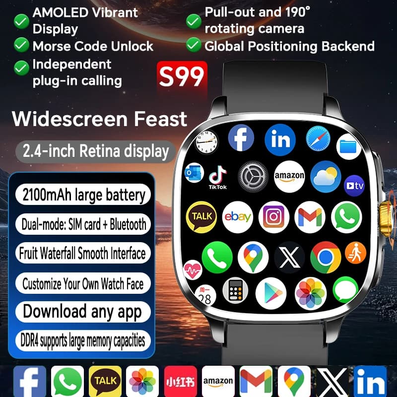 Smartwatch Android 13.0 5G con Rete Completa e 190 Funzioni ° Fotocamera Rotante con GPS, WIFI, NFC, Batteria da 2100mAH, Display Amoled da 2,4 Pollici