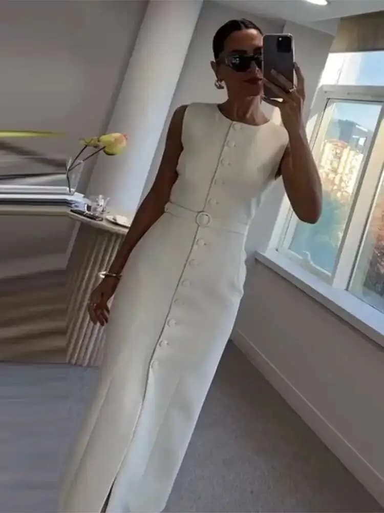 Stylish single-breasted dress from the tank women's belts without sleeves or-neck thin solid spring dresses commuters Street Split Lady Robe B8QW