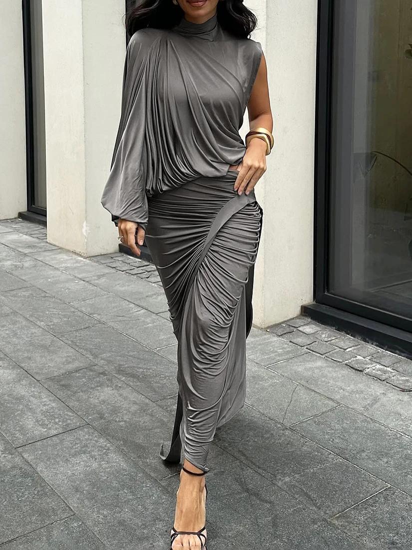 Sisjuly Fashion Elegant Asymmetrical One Shoulder Long Sleeve Vest Dress Women Summer High Waist Long Skirt Stylish Dress