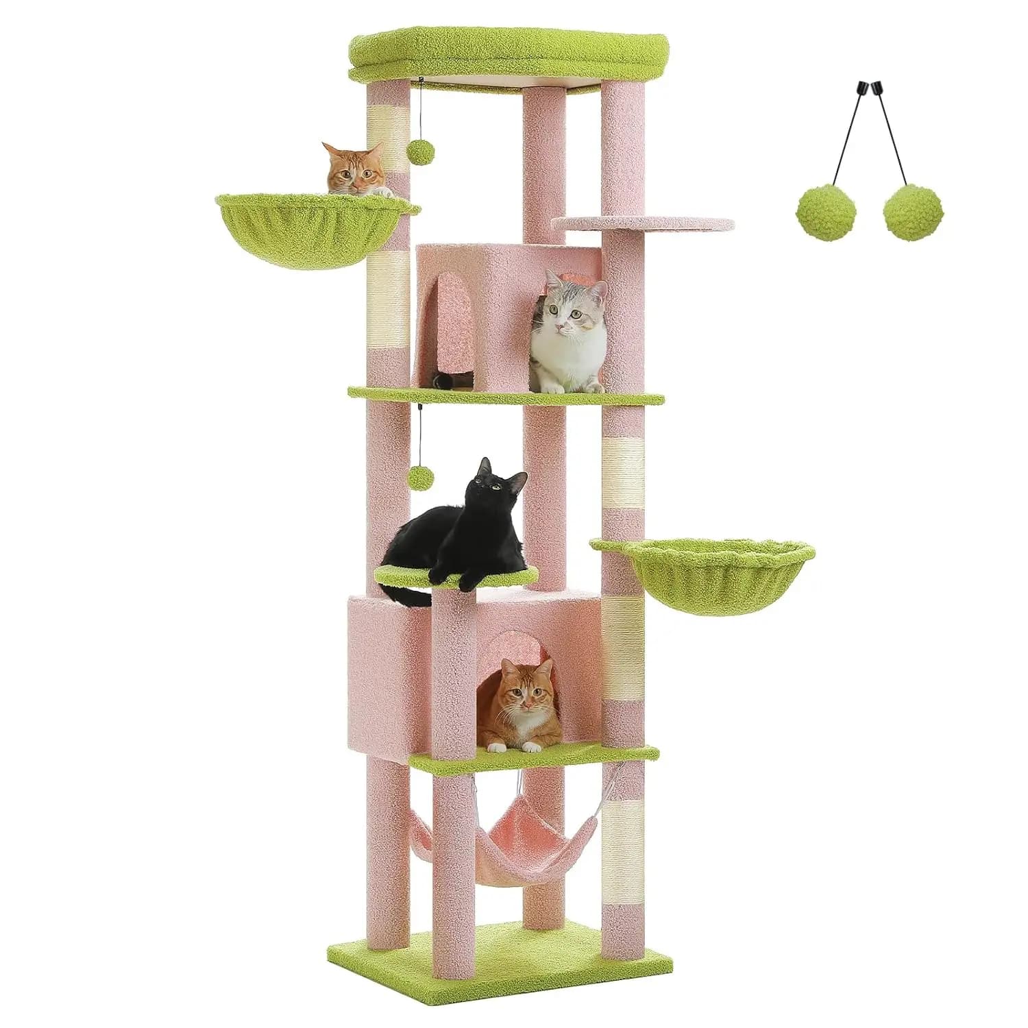 Albero per Gatti Alto 180 cm con Fiori, Multi-Livello, 2 Cuccette, Ampia Piattaforma, 3 Amache, Pali in Sisal, 2 Pompon, Rosa Personalizzato