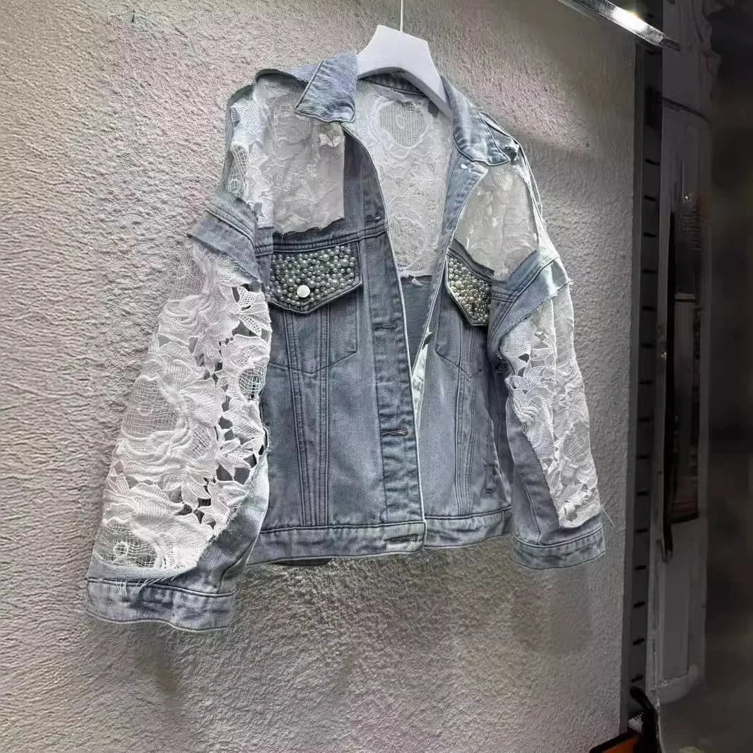 Giacca con ricamo impiombato donna colletto rovesciato perle cappotti in Denim lavato monopetto capispalla larghi Cardigan Basics