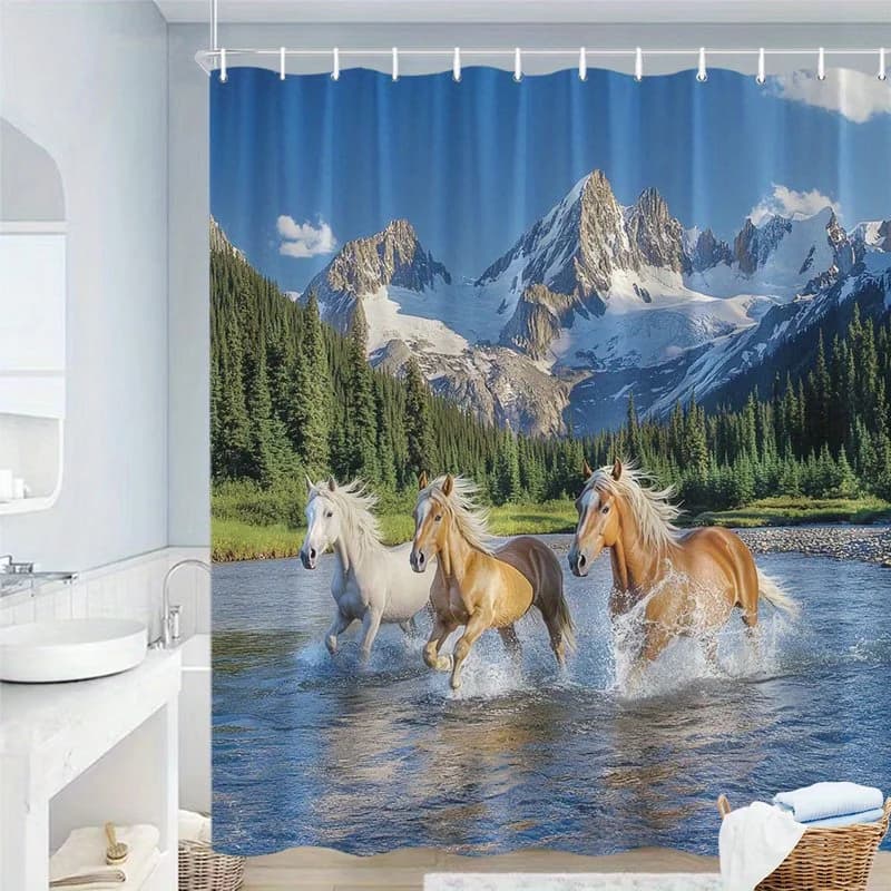 Tenda da doccia con cavallo al galoppo Montagne innevate Flusso fluente Poliestere Lavabile in lavatrice con 12 ganci per l'arredamento del bagno