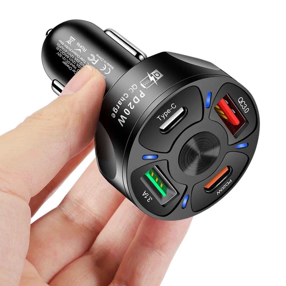 4 Ports Smart Phone Charger with Blue LED PD20W+Type-C+2USB(QC3.0+3.1A) USB Car Charger Adapter for Mobile And Other Devices