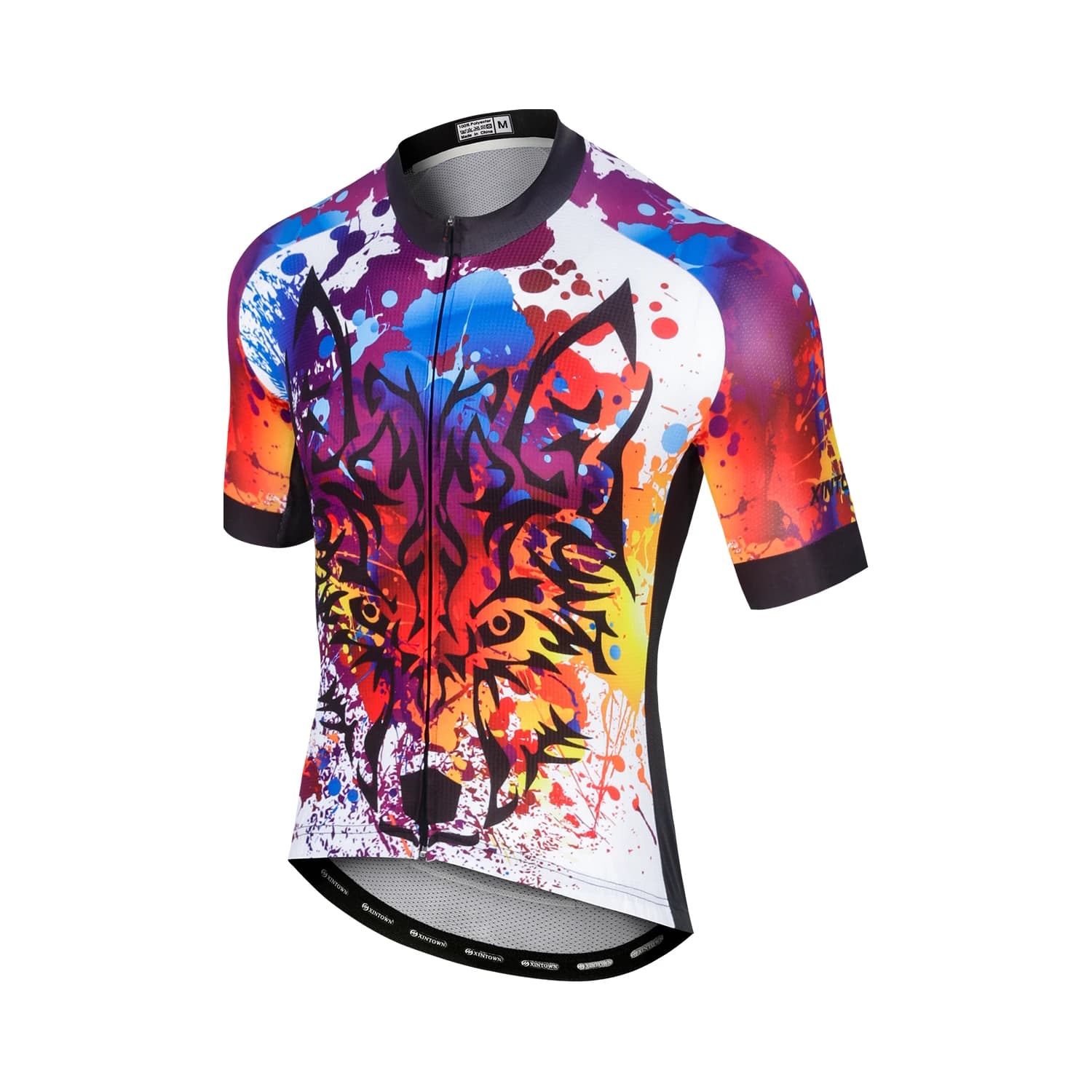 Top e pantaloncini da ciclismo con motivo stampa lupo da uomo con zip intera Abbigliamento da mountain bike a maniche corte Set di pantaloncini con bretelle da ciclismo imbottiti