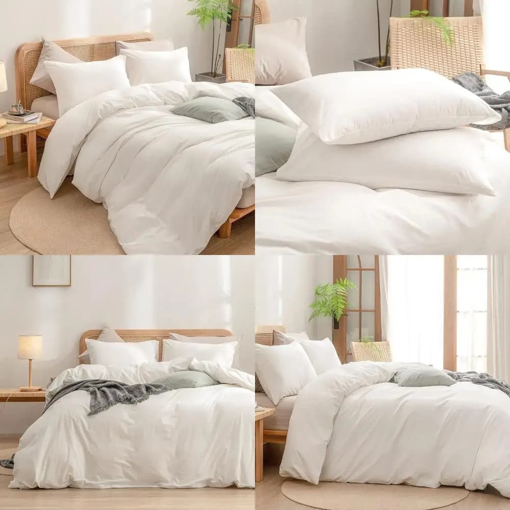 Set Copripiumino in Lino 100% Cotone, Morbido e Leggero, Elegante Bianco Misura Queen, Set Biancheria da Letto 3 Pezzi