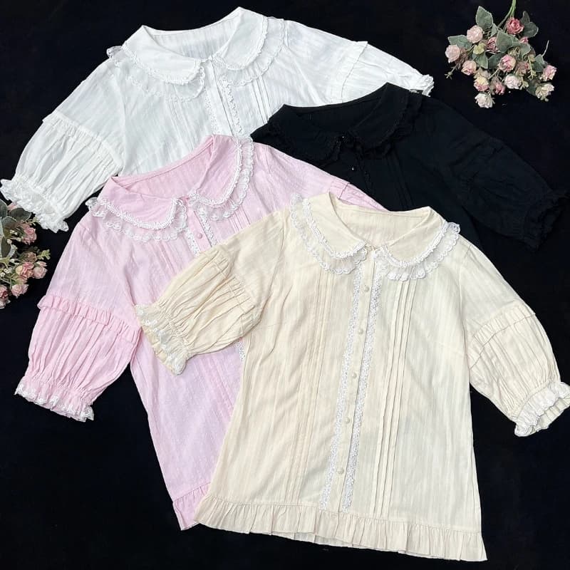 Camicette Lolita in cotone giapponese donna dolce fiocco in pizzo colletto Peter Pan camicie a maniche corte Top Soft Girls Kawaii Jsk camicetta interna