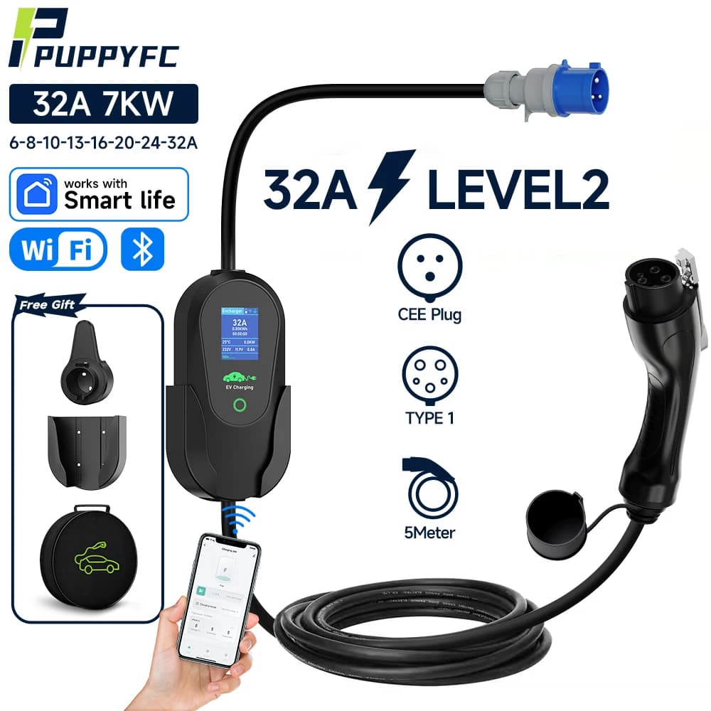 Puppyfc 7.2KW Portable EV Charger 32A Type1/Type 2 Fast Home Electric Car Charging Station WiFi IP66 Waterproof Overhead