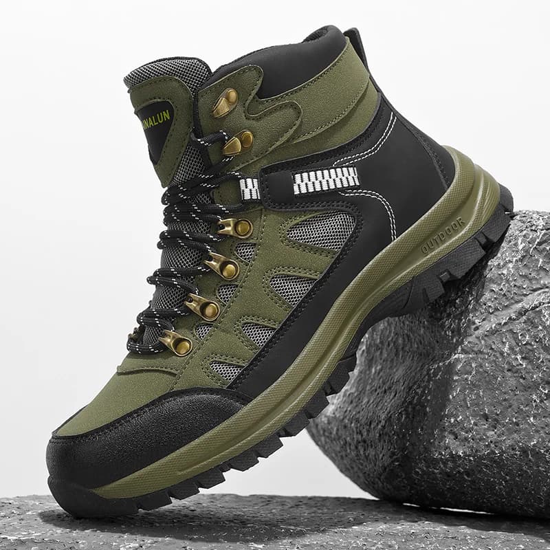 Scarponi da Trekking alla Moda per Uomo - Comodi e Resistenti con Suola Antiscivolo in PVC, Chiusura con Lacci, Motivo Verde e Nero per O