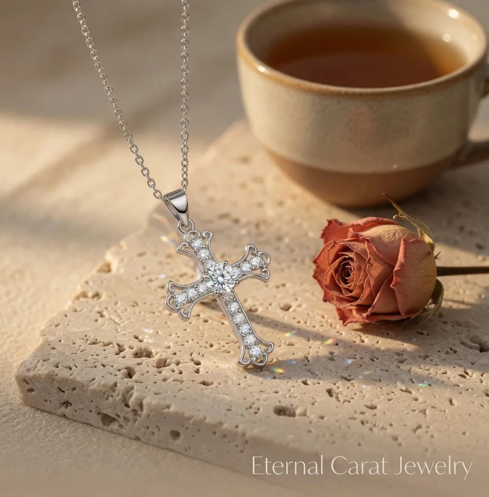 Regalo per la Festa della Mamma: Collana con Pendente a Croce in Platino PT950 e Moissanite, Gioiello di Lusso per la Fede, 40CM 60CM