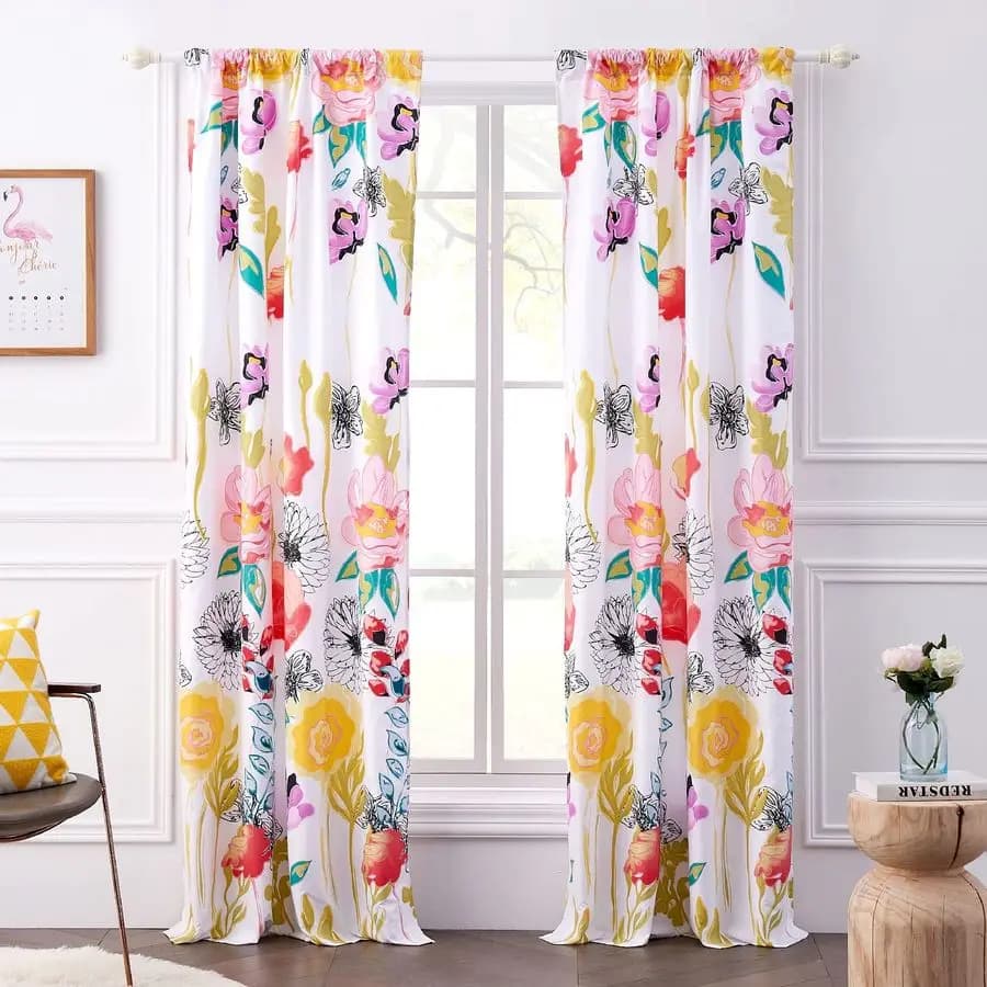 Home Watercolor Dream panel curtains with lining and shutters, set of 2 panels, 84 L, white