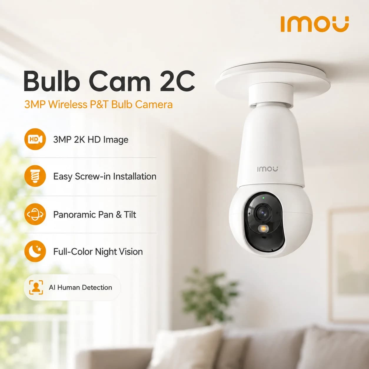 IMOU Bulb Cam 2C 3MP/5MP 2K/3K E27 Surveillance Camera Night Vision Wifi Home Security IP Camera AI Human & Vehicle Detection