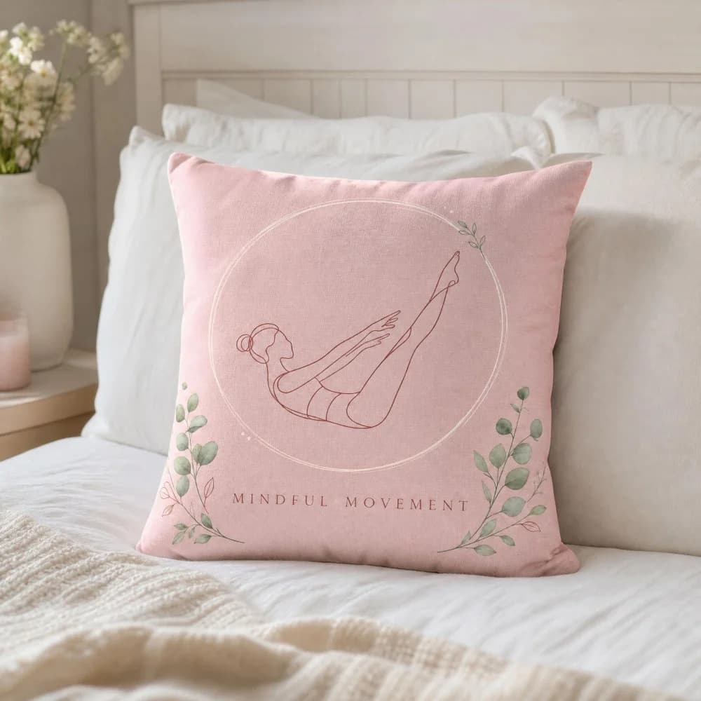 Soft Pink Minimal Line Art Pilates Girl Throw Pillow,Letter Print Decorative Square Cushion Pillow Bedroom Meditation Gift