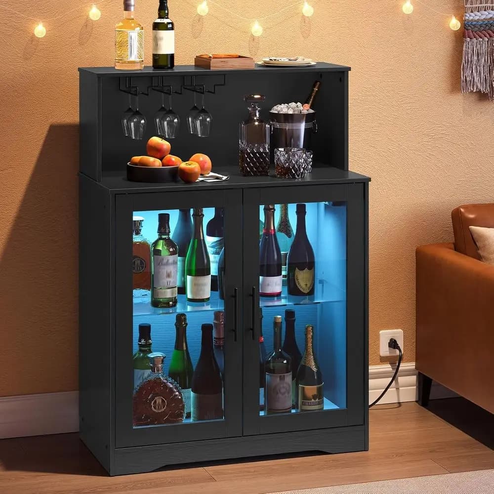 Mobile Bar Illuminato a LED con Porta Vini e Bicchieri per Casa, Adatto per Cucina, Soggiorno e Sala da Pranzo, Nero