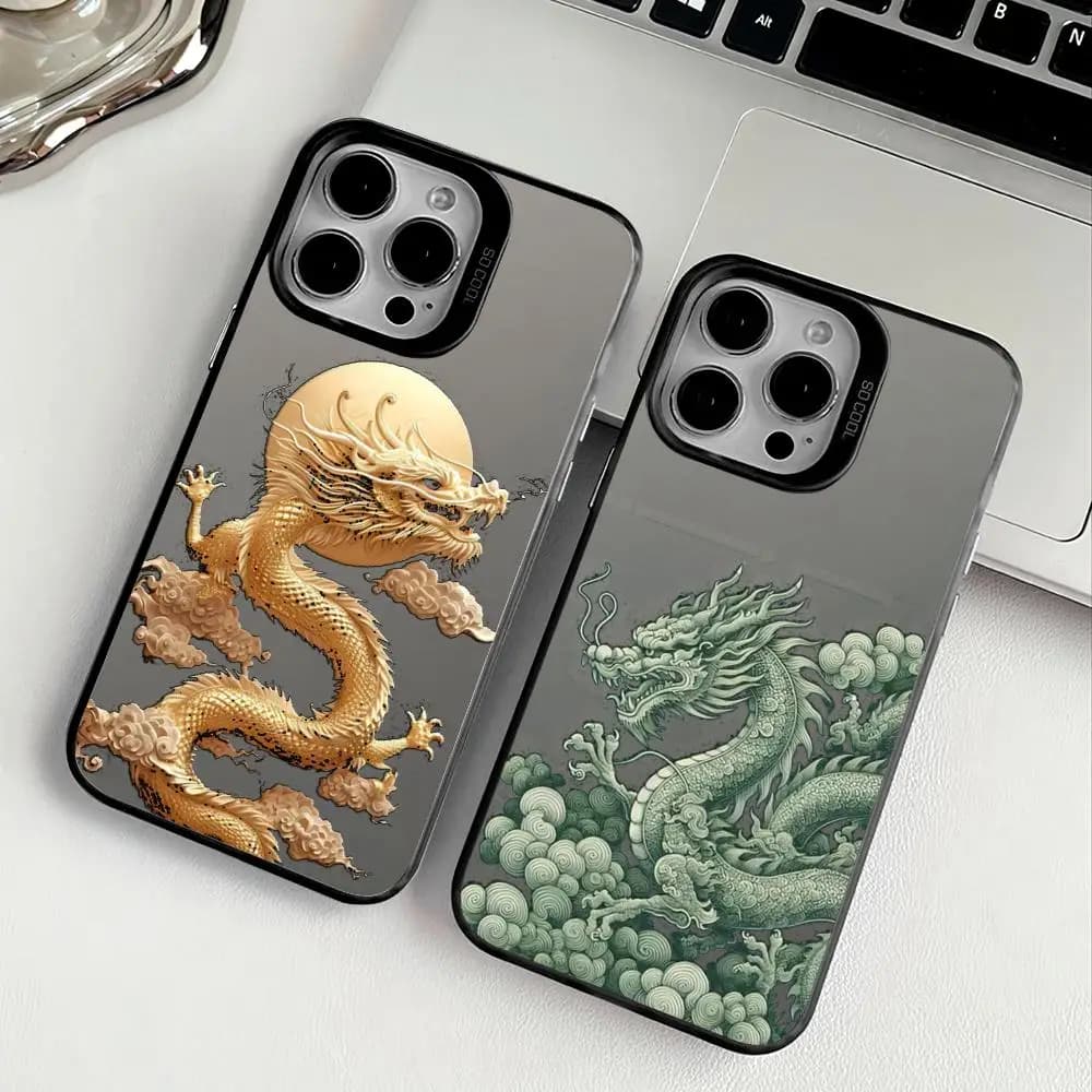 Custodia per iPhone 17 16 15 14 13 12 11 Pro Max Air con Drago Cinese, Multicolore Opaca Laser Metallizzata Aurora
