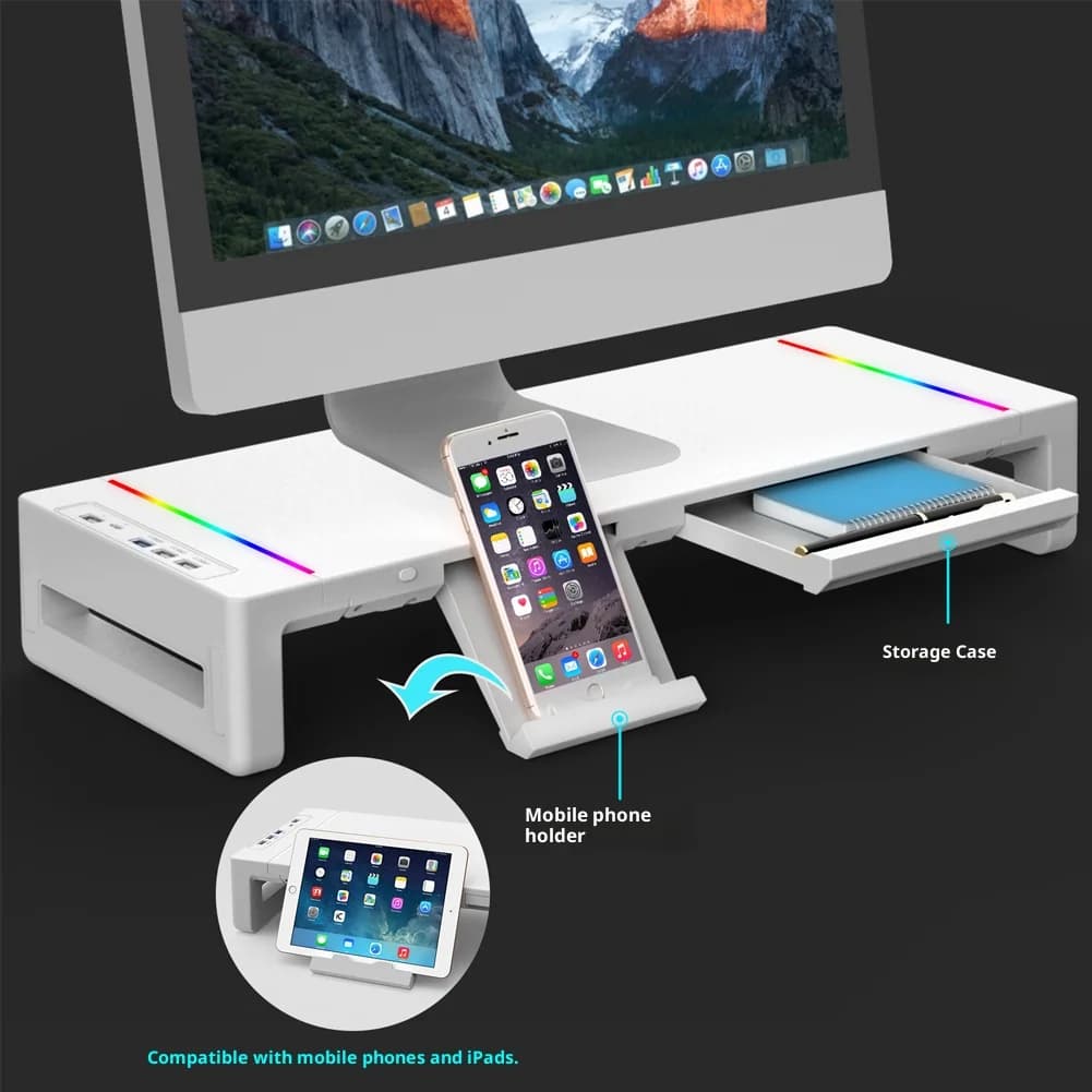 Supporto per laptop regolabile con hub USB 3.0, 13 modelli LED a 7 colori, supporto per telefono, cassetto portaoggetti